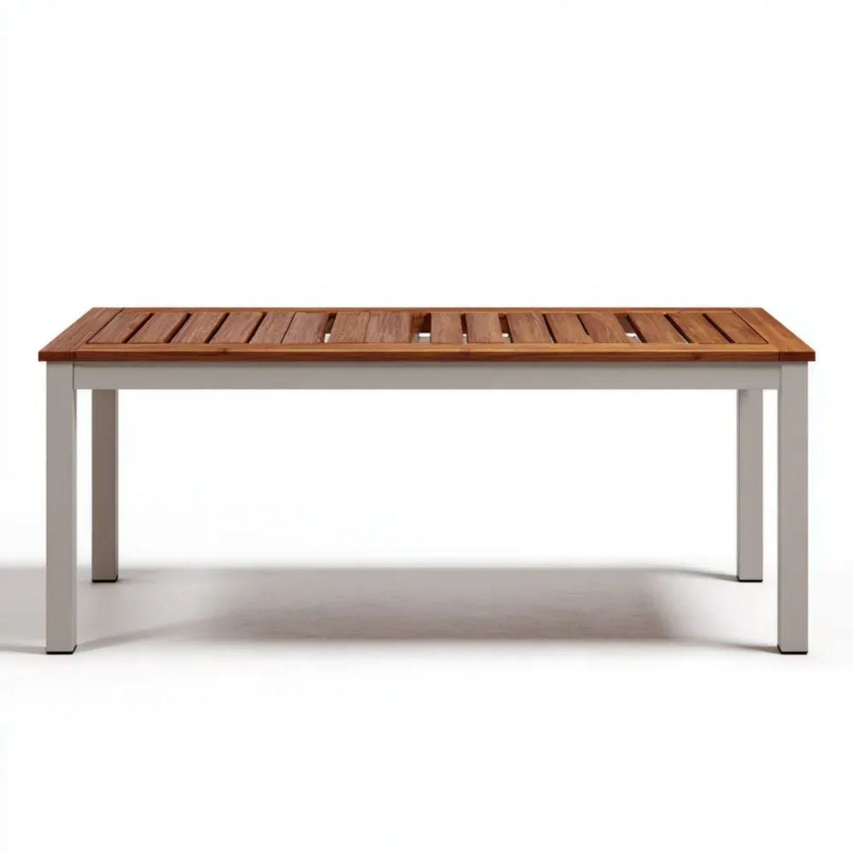 Prostokątny stół ogrodowy biały z drewnianym blatem tekowym i aluminiową podstawą, 200 x 100 x 75 cm