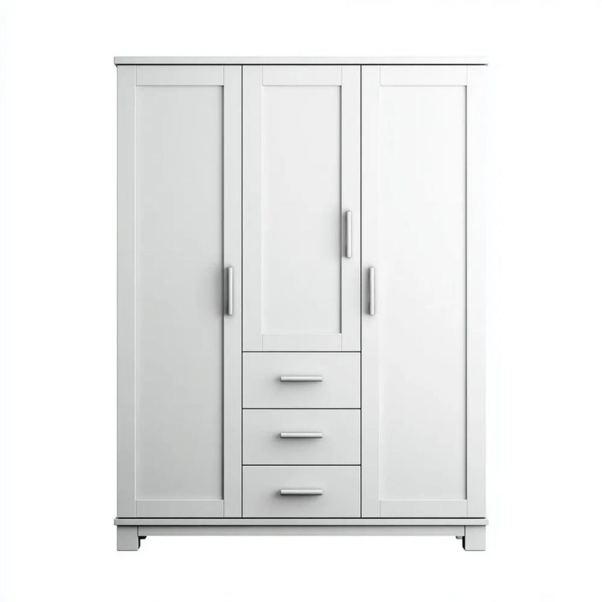 Biała szafa trzydrzwiowa z płyty wiórowej laminowanej, 120 × 52 × 200 cm, 3 szuflady
