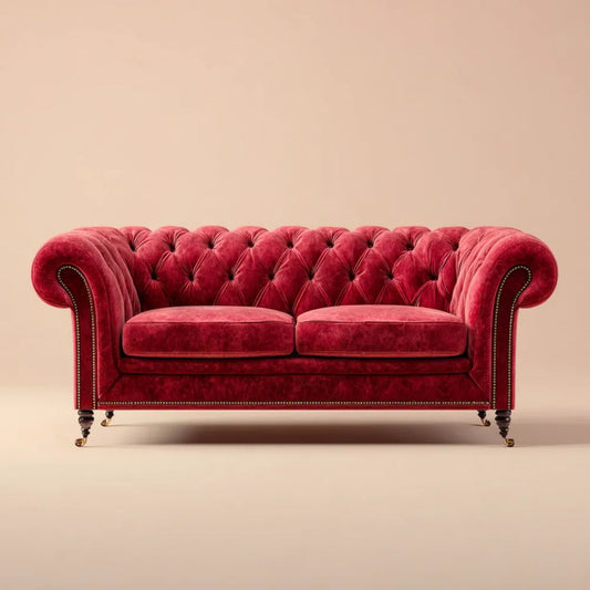 Dwuosobowa sofa Chesterfield z aksamitu poliestrowego, bordowa, 180 x 90 x 78 cm