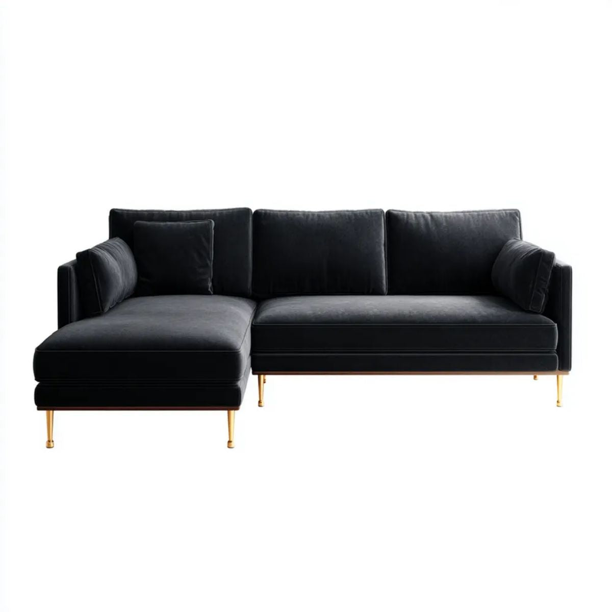 Sofa narożna z lewym szezlongiem, czarna tapicerka tkaninowa, złote metalowe nogi, 245 × 160 × 85 cm, kształt L