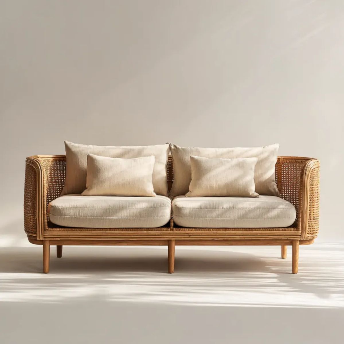 Dwuosobowa sofa rattanowa beżowa z poduszkami, 160 × 80 × 78 cm