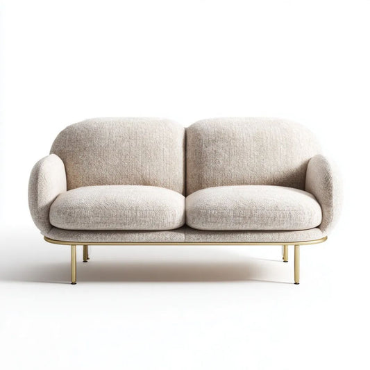 Beżowa dwuosobowa sofa z tapicerką bouclé, 160 x 85 x 78 cm, złote metalowe nogi
