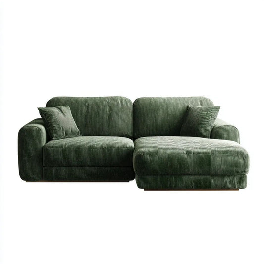 Oliwkowa sofa narożna z prawym szezlongiem z poliestru sztruksowego, 250 x 160 x 85 cm