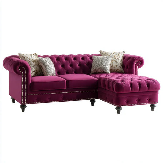 Prawostronna sofa narożna Chesterfield z weluru poliestrowego, fuksjowa, 260 x 160 x 78 cm