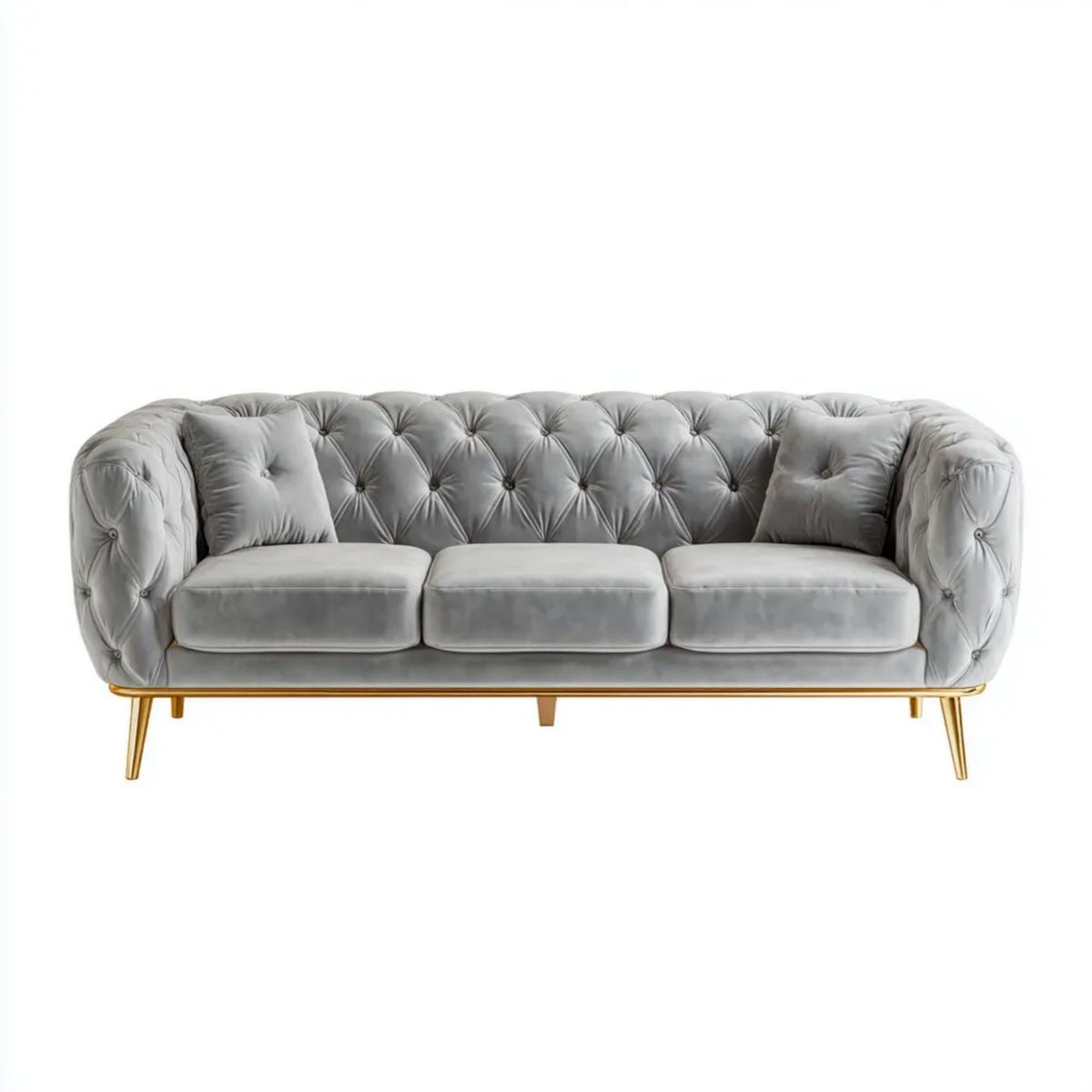 Trzyosobowa sofa Chesterfield z aksamitu, szara ze złotymi nogami, 220 x 90 x 76 cm