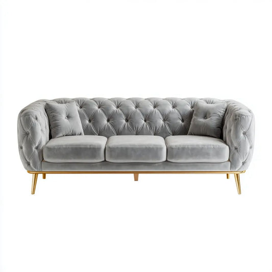 Trzyosobowa sofa Chesterfield z aksamitu, szara ze złotymi nogami, 220 x 90 x 76 cm