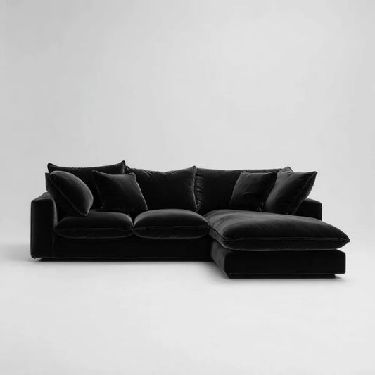 Czarna sofa narożna w kształcie L z prawostronnym szezlongiem, aksamit poliestrowy, 280 × 170 × 85 cm