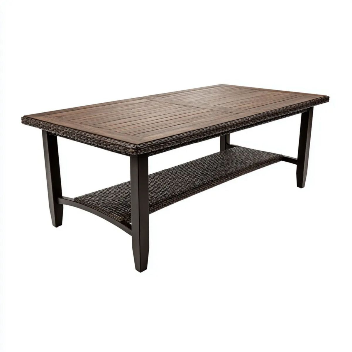 Prostokątny stół ogrodowy z aluminium, technorattanu i blatem WPC, brązowy, 150 x 90 x 75 cm