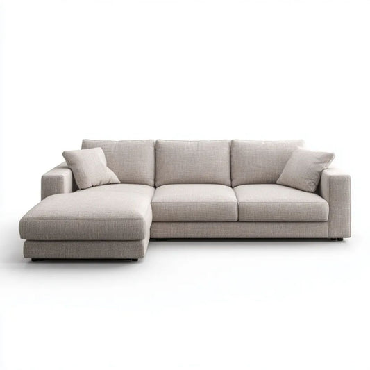 Jasnoszara sofa narożna z lewym szezlongiem, tapicerka tkaninowa, 280 × 160 × 85 cm
