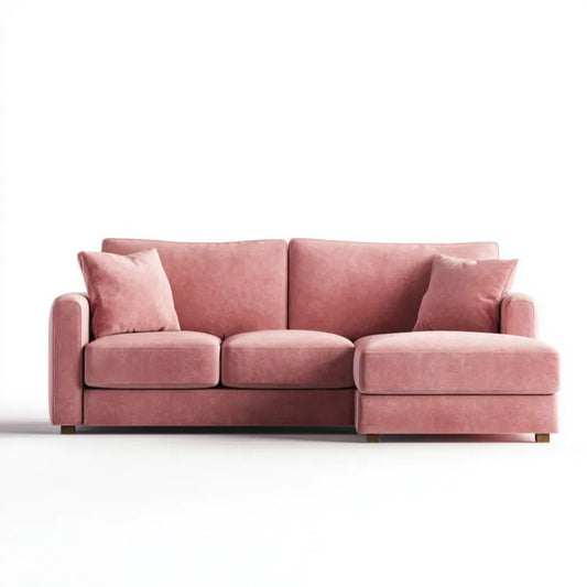 Prawostronna sofa narożna 3-osobowa z szezlongiem, pudrowy róż, aksamit poliestrowy, 230 × 150 × 85 cm