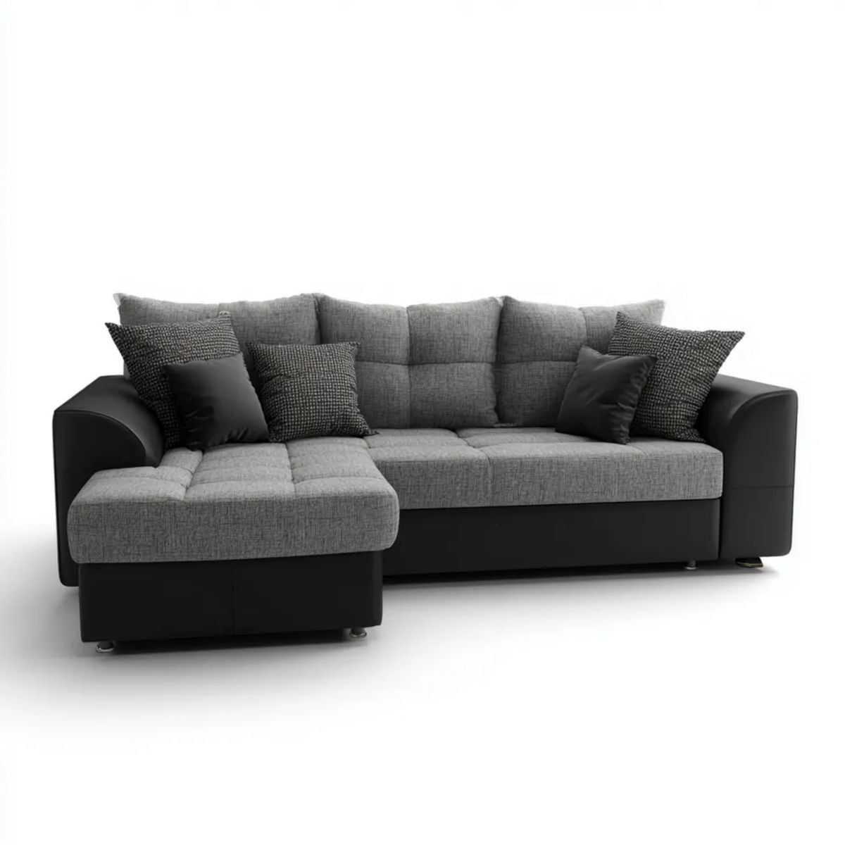 Sofa narożna z lewostronnym szezlongiem z tkaniny i skóry syntetycznej PU, szaro-czarna, 260 × 160 × 85 cm